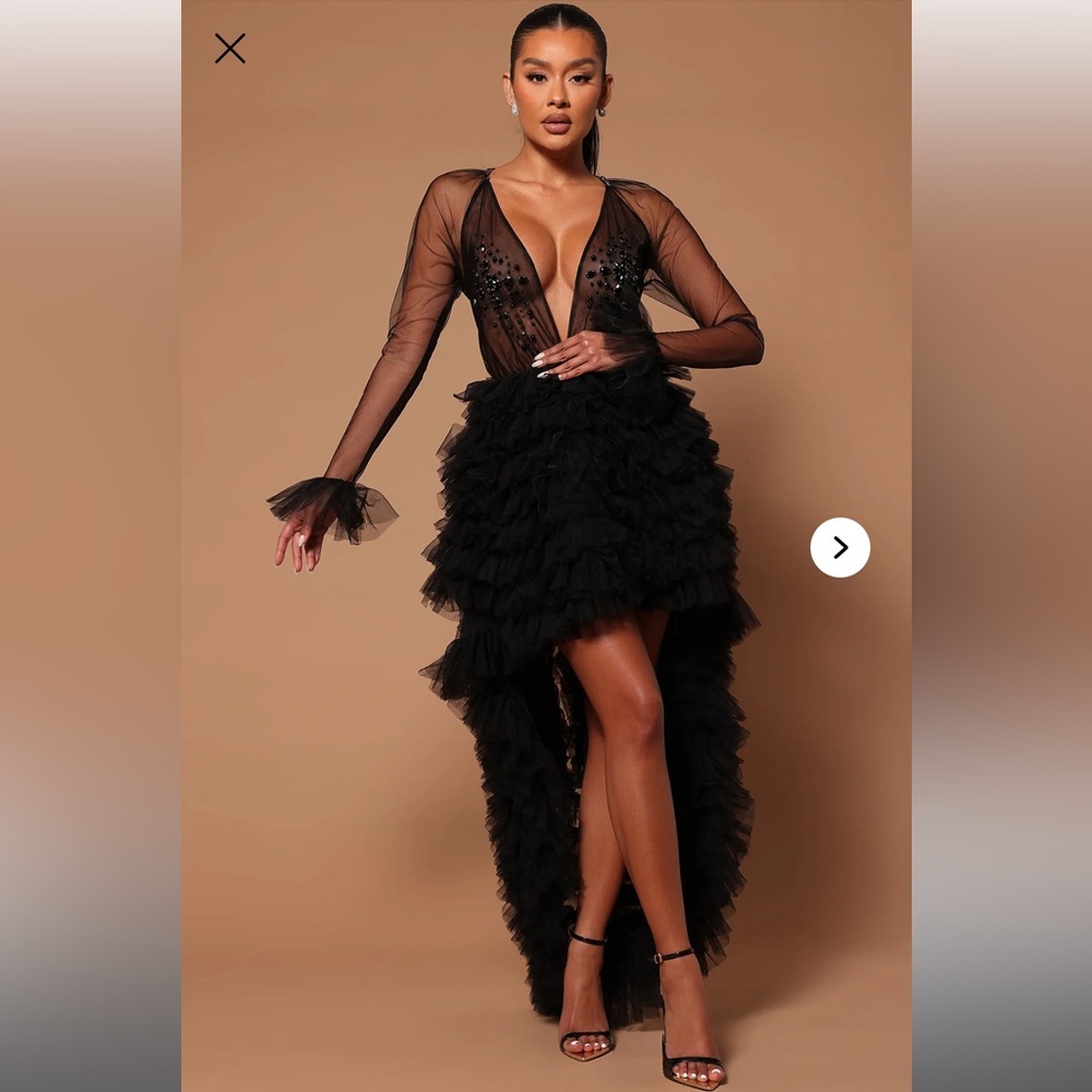 Elegant Black Ruffled Sheer High-Low Dress